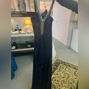 Navy evening gown with sparkle halter style straps.